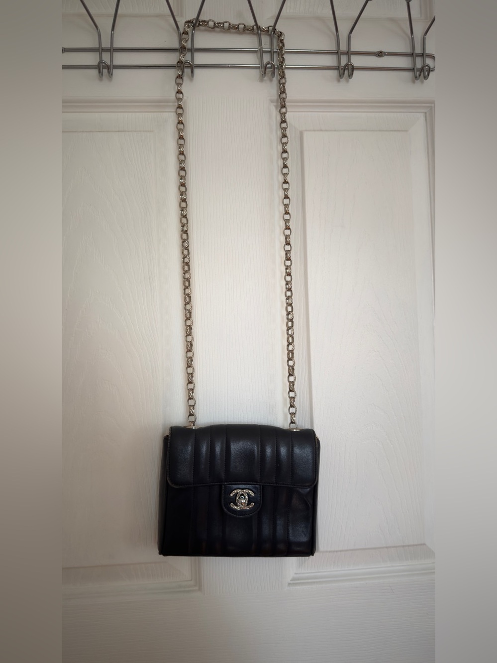 Vintage Chanel Black Quilted Mini Crossbody with Silver Chain